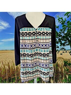 Style & Co. Black/Multicolor 3/4 Sleeve Geometric Print Top-Size Small-NWT